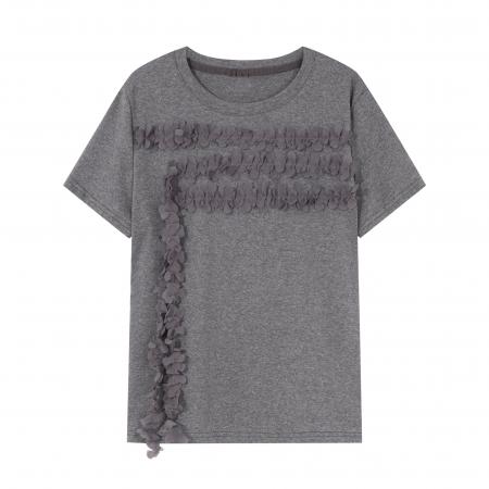 大门胖MM欧货木耳边圆领短袖T恤女夏季新款显瘦漂亮正肩上衣 服裝批發女裝批發服飾貨源