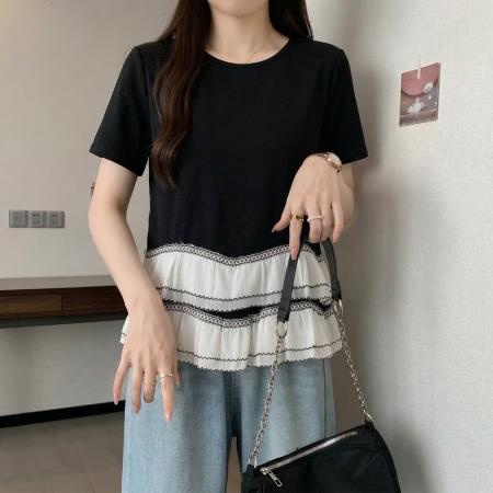 大码法式黑色圆领短袖T恤女夏季新款双层荷叶边设计感上衣 服裝批發女裝批發服飾貨源