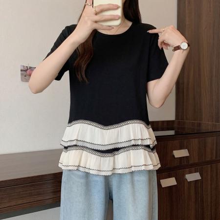 大码法式黑色圆领短袖T恤女夏季新款双层荷叶边设计感上衣 服裝批發女裝批發服飾貨源