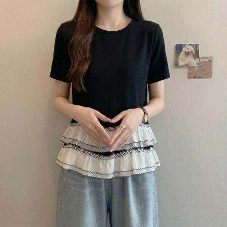 大码法式黑色圆领短袖T恤女夏季新款双层荷叶边设计感上衣 服裝批發女裝批發服飾貨源