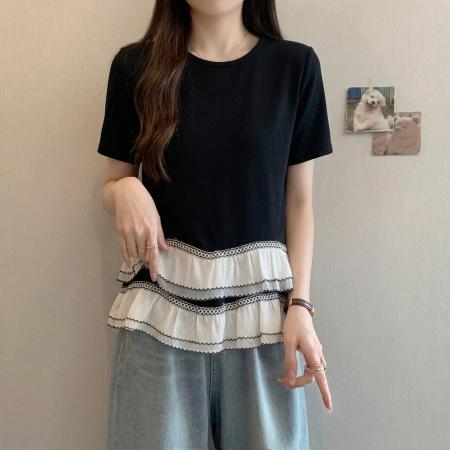 大码法式黑色圆领短袖T恤女夏季新款双层荷叶边设计感上衣 服裝批發女裝批發服飾貨源