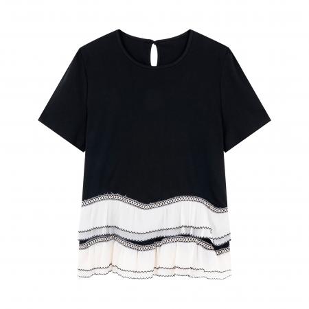 大码法式黑色圆领短袖T恤女夏季新款双层荷叶边设计感上衣 服裝批發女裝批發服飾貨源