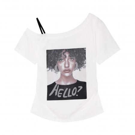 高级感美式正肩上衣女新款夏季大码胖MM灰色印花斜肩短袖T恤 服裝批發女裝批發服飾貨源