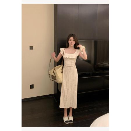 BY14416# 显瘦收腰波点小飞袖方领连衣裙女夏季新款气质长短款裙子服裝批發女裝批發服飾貨源