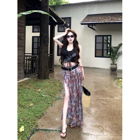 BY14420# 夏季露思同款复古格纹高开叉半身裙+印花系带背心上衣套装女服裝批發女裝批發服飾貨源