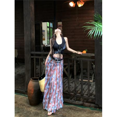 BY14420# 夏季露思同款复古格纹高开叉半身裙+印花系带背心上衣套装女服裝批發女裝批發服飾貨源