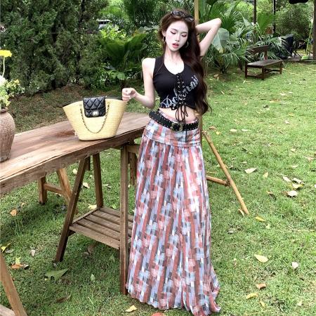 BY14420# 夏季露思同款复古格纹高开叉半身裙+印花系带背心上衣套装女服裝批發女裝批發服飾貨源