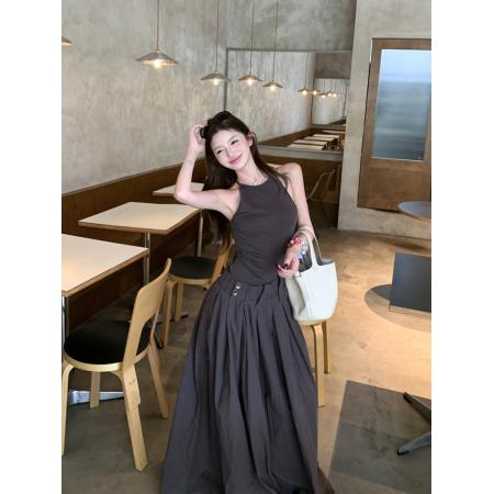 BY14421# 复古性感拼接假两件吊带显瘦连衣裙长裙女服裝批發女裝批發服飾貨源