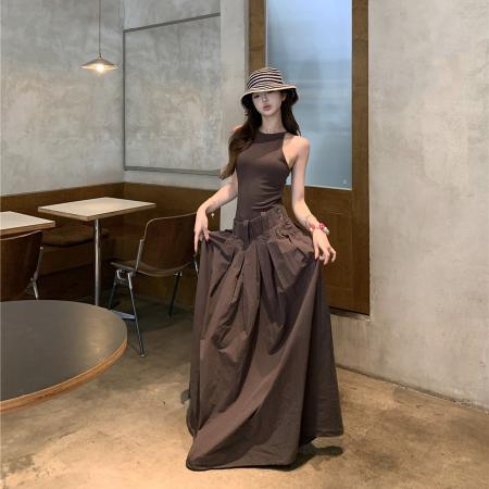 BY14421# 复古性感拼接假两件吊带显瘦连衣裙长裙女服裝批發女裝批發服飾貨源