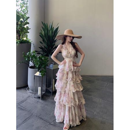 BY14424# 夏季性感度假印花挂脖雪纺蛋糕裙V领连衣裙吊带长裙女服裝批發女裝批發服飾貨源