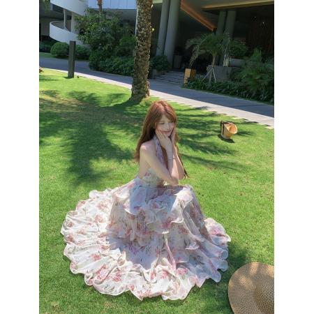 BY14424# 夏季性感度假印花挂脖雪纺蛋糕裙V领连衣裙吊带长裙女服裝批發女裝批發服飾貨源