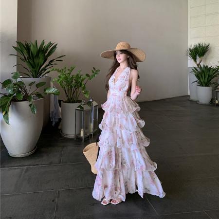 BY14424# 夏季性感度假印花挂脖雪纺蛋糕裙V领连衣裙吊带长裙女服裝批發女裝批發服飾貨源