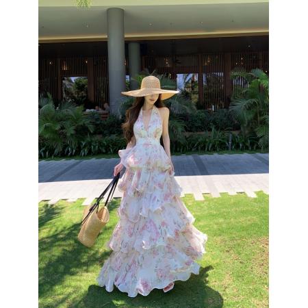 BY14424# 夏季性感度假印花挂脖雪纺蛋糕裙V领连衣裙吊带长裙女服裝批發女裝批發服飾貨源