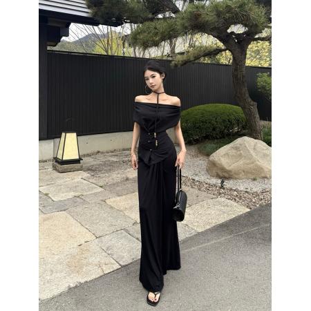 BY14427# 性感一字肩斜肩绑带多种穿法收腰显瘦上衣T恤+包臀半身裙女服裝批發女裝批發服飾貨源