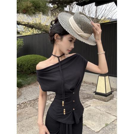 BY14427# 性感一字肩斜肩绑带多种穿法收腰显瘦上衣T恤+包臀半身裙女服裝批發女裝批發服飾貨源