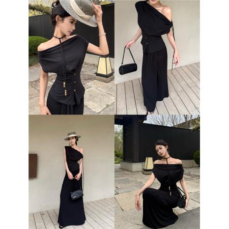 BY14427# 性感一字肩斜肩绑带多种穿法收腰显瘦上衣T恤+包臀半身裙女服裝批發女裝批發服飾貨源