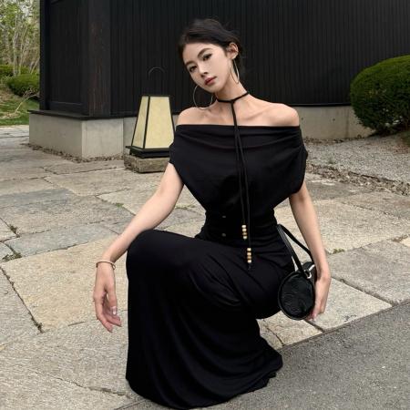 BY14427# 性感一字肩斜肩绑带多种穿法收腰显瘦上衣T恤+包臀半身裙女服裝批發女裝批發服飾貨源