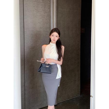 BY14428# 飘带缎面无袖衬衫上衣+高腰包臀开叉半身裙配腰带时尚套装女服裝批發女裝批發服飾貨源