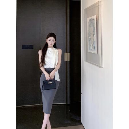 BY14428# 飘带缎面无袖衬衫上衣+高腰包臀开叉半身裙配腰带时尚套装女服裝批發女裝批發服飾貨源