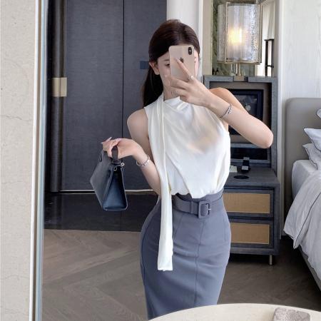 BY14428# 飘带缎面无袖衬衫上衣+高腰包臀开叉半身裙配腰带时尚套装女服裝批發女裝批發服飾貨源