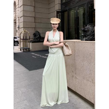 BY14429# 性感V领露背挂脖交叉背心上衣+A字大摆半身裙套装女服裝批發女裝批發服飾貨源