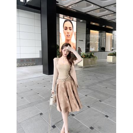 BY14430# 性感复古修身吊带+蕾丝花边针织防晒开衫+A字半身伞裙套装女服裝批發女裝批發服飾貨源