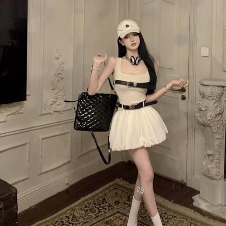 BY14432# 夏季复古性感吊带花苞连衣裙女拼接背心高腰蓬蓬裙服裝批發女裝批發服飾貨源