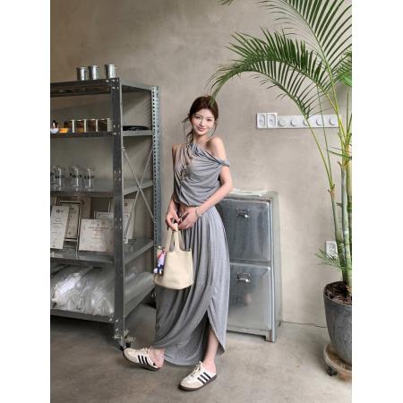 BY14433# 复古性感不规则针织高腰开叉半身裙+斜肩扭结T恤上衣女服裝批發女裝批發服飾貨源