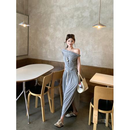 BY14433# 复古性感不规则针织高腰开叉半身裙+斜肩扭结T恤上衣女服裝批發女裝批發服飾貨源