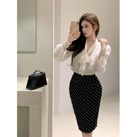 BY14435# 复古性感蝴蝶结气质蕾丝拼接长袖衬衫+波点包臀半身裙女服裝批發女裝批發服飾貨源