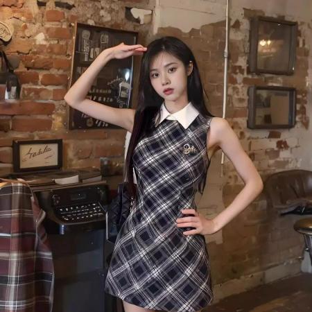BY14436# 学院风格子无袖连衣裙女夏季新款polo领收腰A字短裙气质裙子服裝批發女裝批發服飾貨源