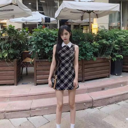 BY14436# 学院风格子无袖连衣裙女夏季新款polo领收腰A字短裙气质裙子服裝批發女裝批發服飾貨源