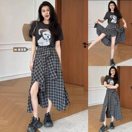 BY14439# 不规则黑白格纹半身裙女夏季新款时尚裙子服裝批發女裝批發服飾貨源