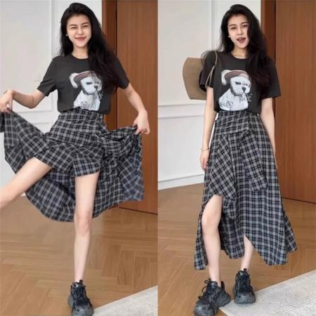 BY14439# 不规则黑白格纹半身裙女夏季新款时尚裙子服裝批發女裝批發服飾貨源