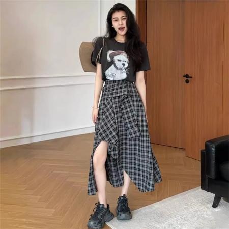 BY14439# 不规则黑白格纹半身裙女夏季新款时尚裙子服裝批發女裝批發服飾貨源