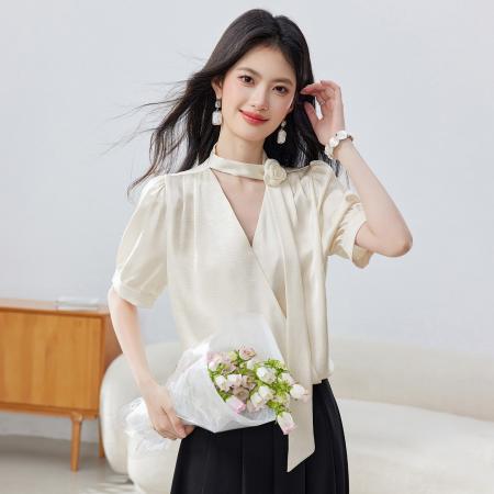 BY14440# 职业通勤面试短袖衬衫女士夏季新款法式气质V领飘带上衣服裝批發女裝批發服飾貨源