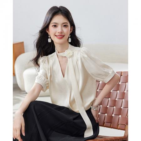 BY14440# 职业通勤面试短袖衬衫女士夏季新款法式气质V领飘带上衣服裝批發女裝批發服飾貨源