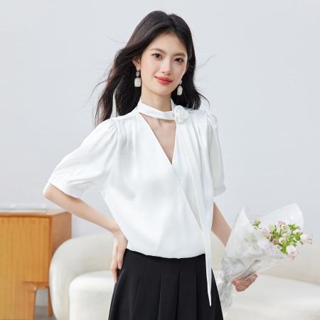 BY14440# 职业通勤面试短袖衬衫女士夏季新款法式气质V领飘带上衣服裝批發女裝批發服飾貨源