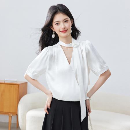BY14440# 职业通勤面试短袖衬衫女士夏季新款法式气质V领飘带上衣服裝批發女裝批發服飾貨源