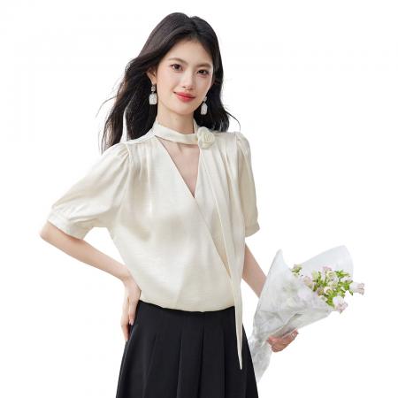 BY14440# 职业通勤面试短袖衬衫女士夏季新款法式气质V领飘带上衣服裝批發女裝批發服飾貨源