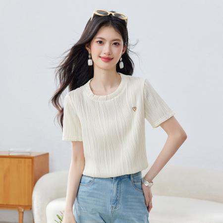 BY14441# ·优雅气质高级感超好看上衣夏季圆领短袖肌理感质感纯色T恤服裝批發女裝批發服飾貨源