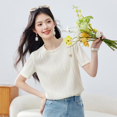 BY14441# ·优雅气质高级感超好看上衣夏季圆领短袖肌理感质感纯色T恤服裝批發女裝批發服飾貨源