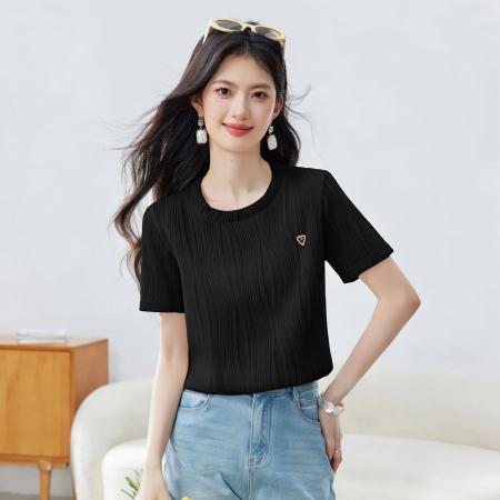 BY14441# ·优雅气质高级感超好看上衣夏季圆领短袖肌理感质感纯色T恤服裝批發女裝批發服飾貨源