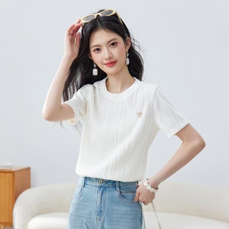 BY14441# ·优雅气质高级感超好看上衣夏季圆领短袖肌理感质感纯色T恤服裝批發女裝批發服飾貨源