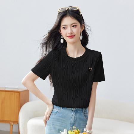 BY14441# ·优雅气质高级感超好看上衣夏季圆领短袖肌理感质感纯色T恤服裝批發女裝批發服飾貨源