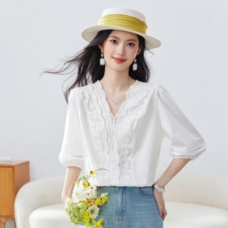 BY14442# 法式优雅气质高级感超好看上衣夏季圆领短袖肌理感质感纯色T恤衫服裝批發女裝批發服飾貨源