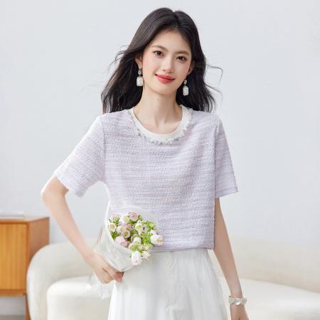 BY14443# 珍珠装饰圆领T恤女夏季新款女装休闲正肩设计直筒上衣服裝批發女裝批發服飾貨源