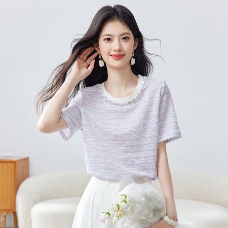 BY14443# 珍珠装饰圆领T恤女夏季新款女装休闲正肩设计直筒上衣服裝批發女裝批發服飾貨源