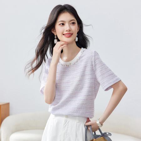 BY14443# 珍珠装饰圆领T恤女夏季新款女装休闲正肩设计直筒上衣服裝批發女裝批發服飾貨源