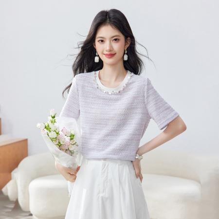 BY14443# 珍珠装饰圆领T恤女夏季新款女装休闲正肩设计直筒上衣服裝批發女裝批發服飾貨源